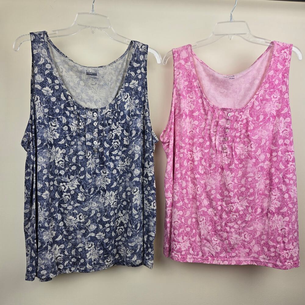 Lot of 2 Basic Editions Plus Size XXL Tank Tops - Blue & Pink Floral Pintuck